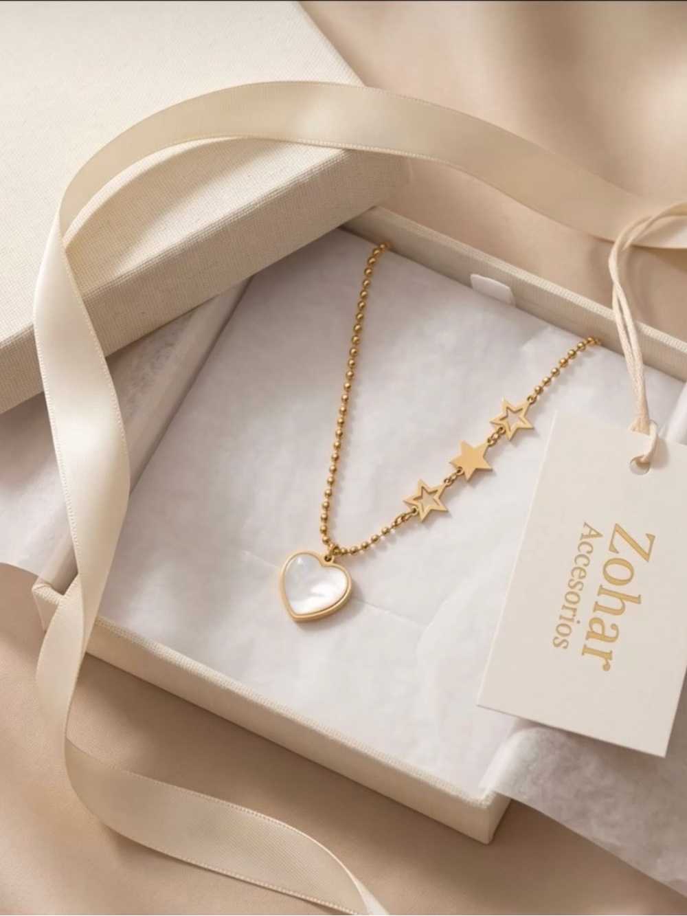 Zohar Gold Heart & Star Necklace with White Inlay